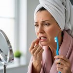 Woman with Concerned Expression Examining Gums and Teeth in Mirr