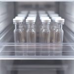 Na co zwrócić uwagę kupując lodówkę laboratoryjną? Przegląd kluczowych parametrów Rows of sterile vials, capped and ready, fill the refrigerator shelf, hinting at medical precision and controlled storage. The bottles are prepared for a careful process.