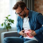 Mature man suffers from severe stomach pain. Sits on sofa at home, gripping belly. Red highlight on abdomen shows strong ache. Feels sick, unwell with digestive disorder problem, possibly needing